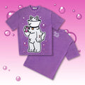 Flat lay showing the kawaii Samoyed “Lamp” front graphic and back logo on a washed purple oversized cotton tee—furry streetwear/furry merch.