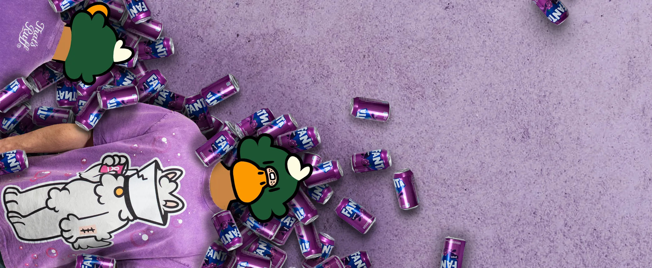 cartoon duck character with purple shirt on a textured purple backgroundslider_item_DYygdH