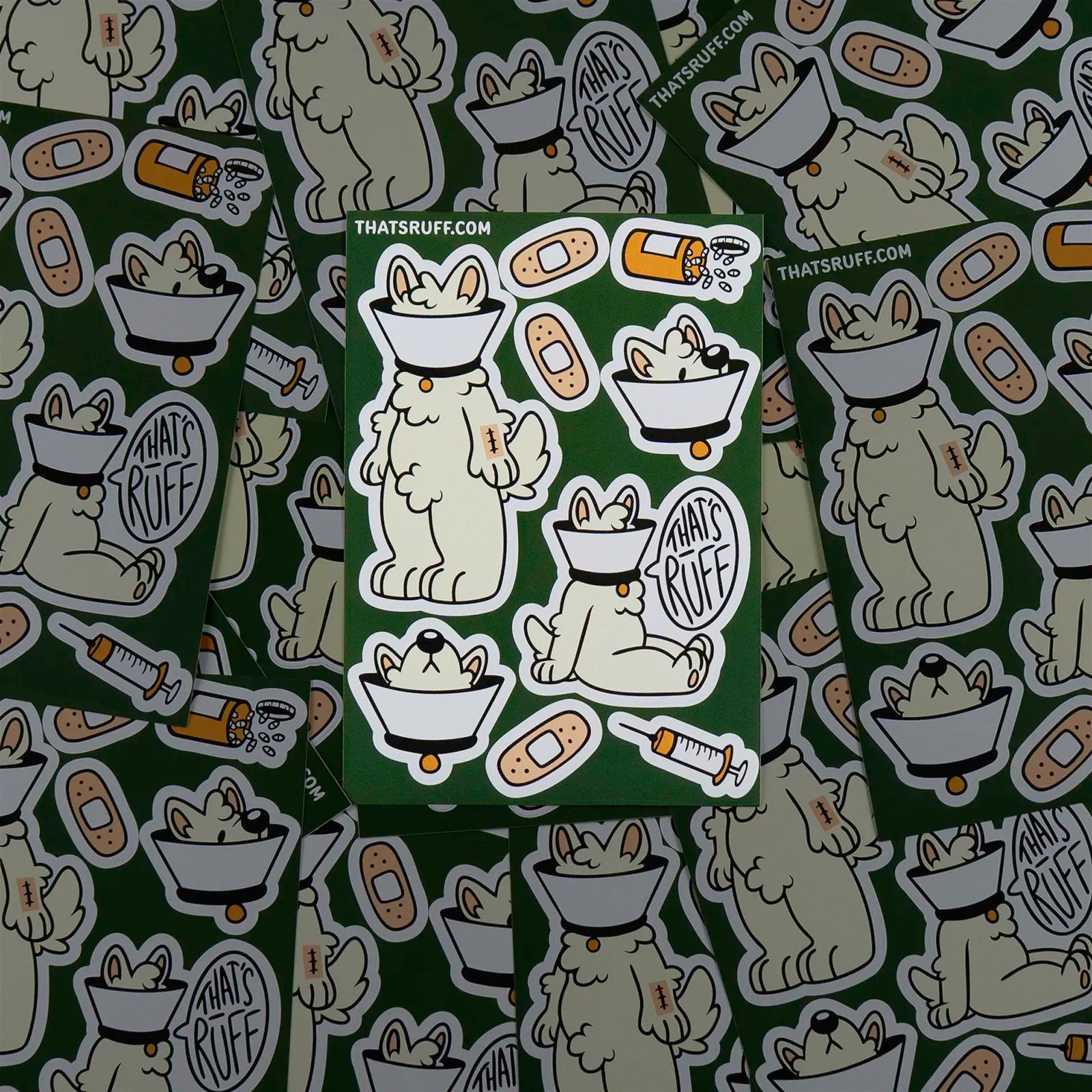 Lamp the samoyed in a cone with medical icons; sustainable plant-cellulose stickers that are water and UV resistant.