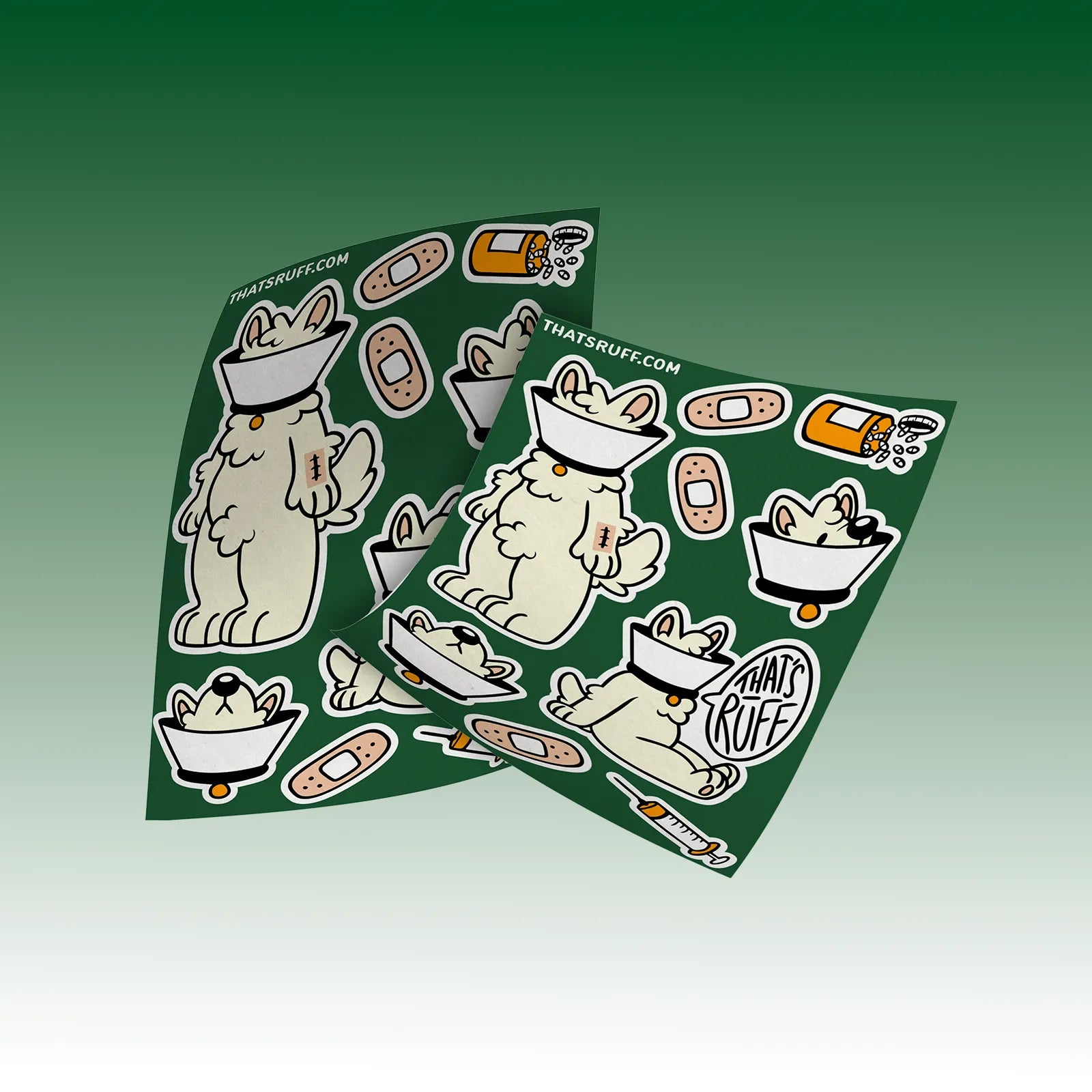 Lamp the samoyed in a cone with medical icons; sustainable plant-cellulose stickers that are water and UV resistant.