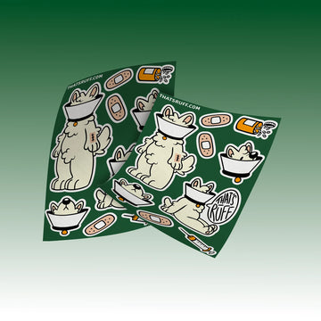 Lamp the samoyed in a cone with medical icons; sustainable plant-cellulose stickers that are water and UV resistant.