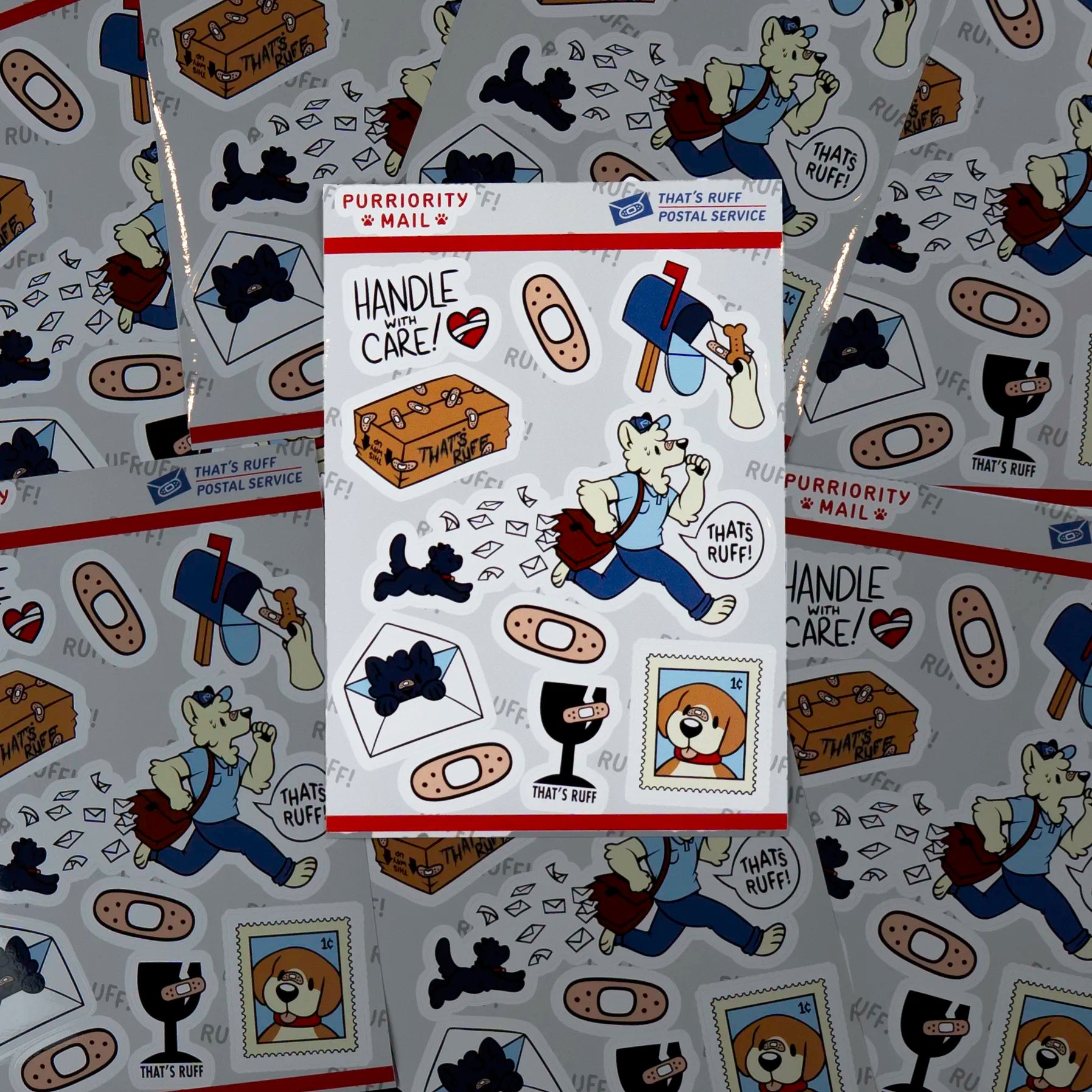 Array of postal service sticker sheets; eco-friendly, UV-resistant, waterproof cellulose decals for, laptops, cars scrapbooks and planners.