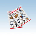 Postal-theme sheet with shepherd mail carrier, stamps, envelopes, and Vandal; biodegradable plant-cellulose stickers for pen pals.