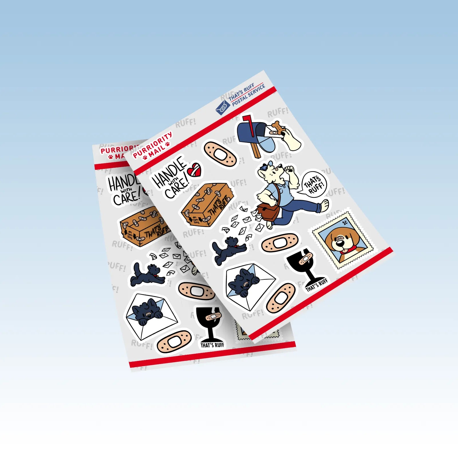 Postal-theme sheet with shepherd mail carrier, stamps, envelopes, and Vandal; biodegradable plant-cellulose stickers for pen pals.