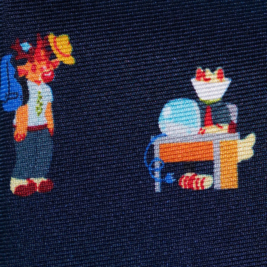 Navy blue silk tie with cartoon characters in the coporate memphis art style pattern on a gradient yellow background