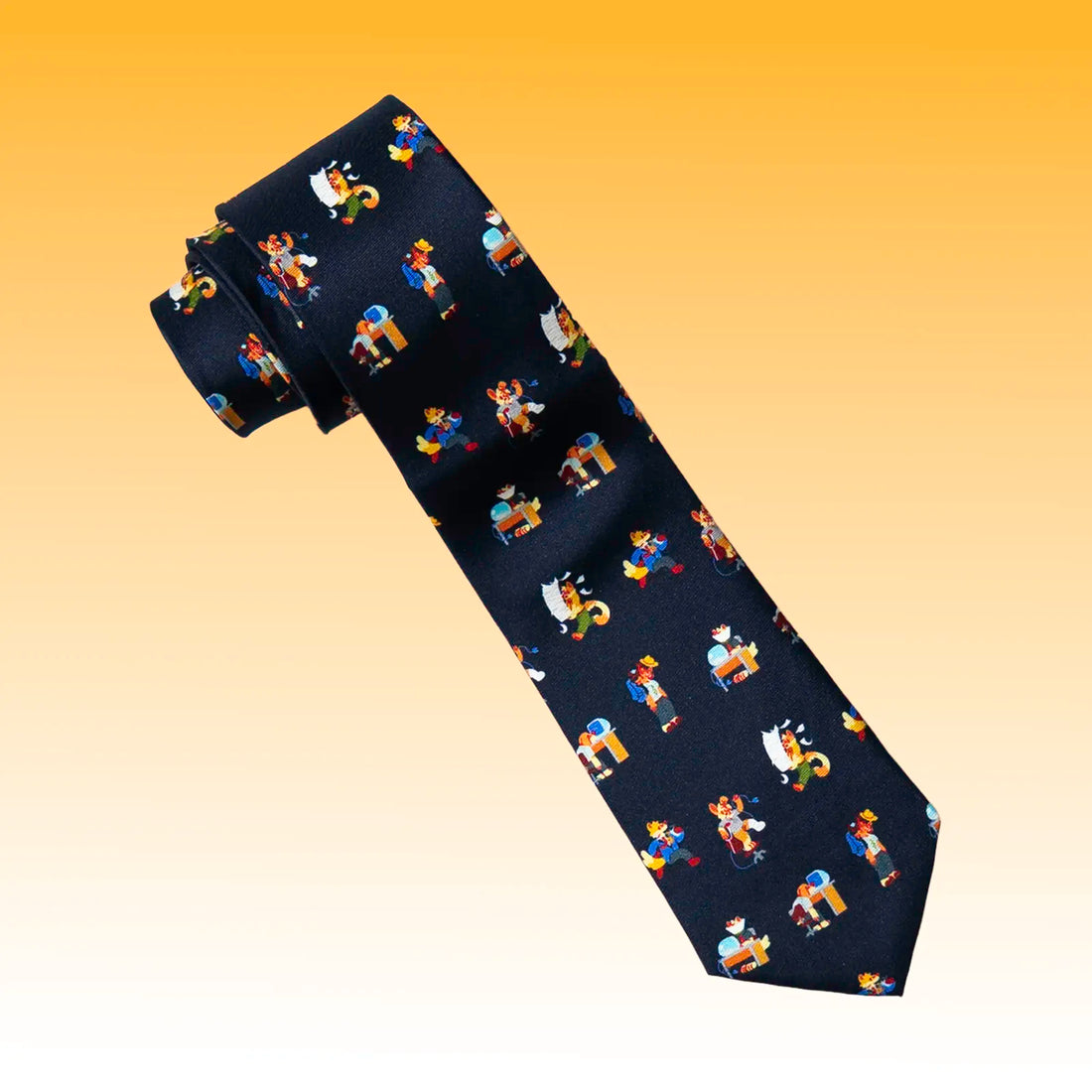 Navy blue silk tie with cartoon characters in the coporate memphis art style pattern on a gradient yellow background