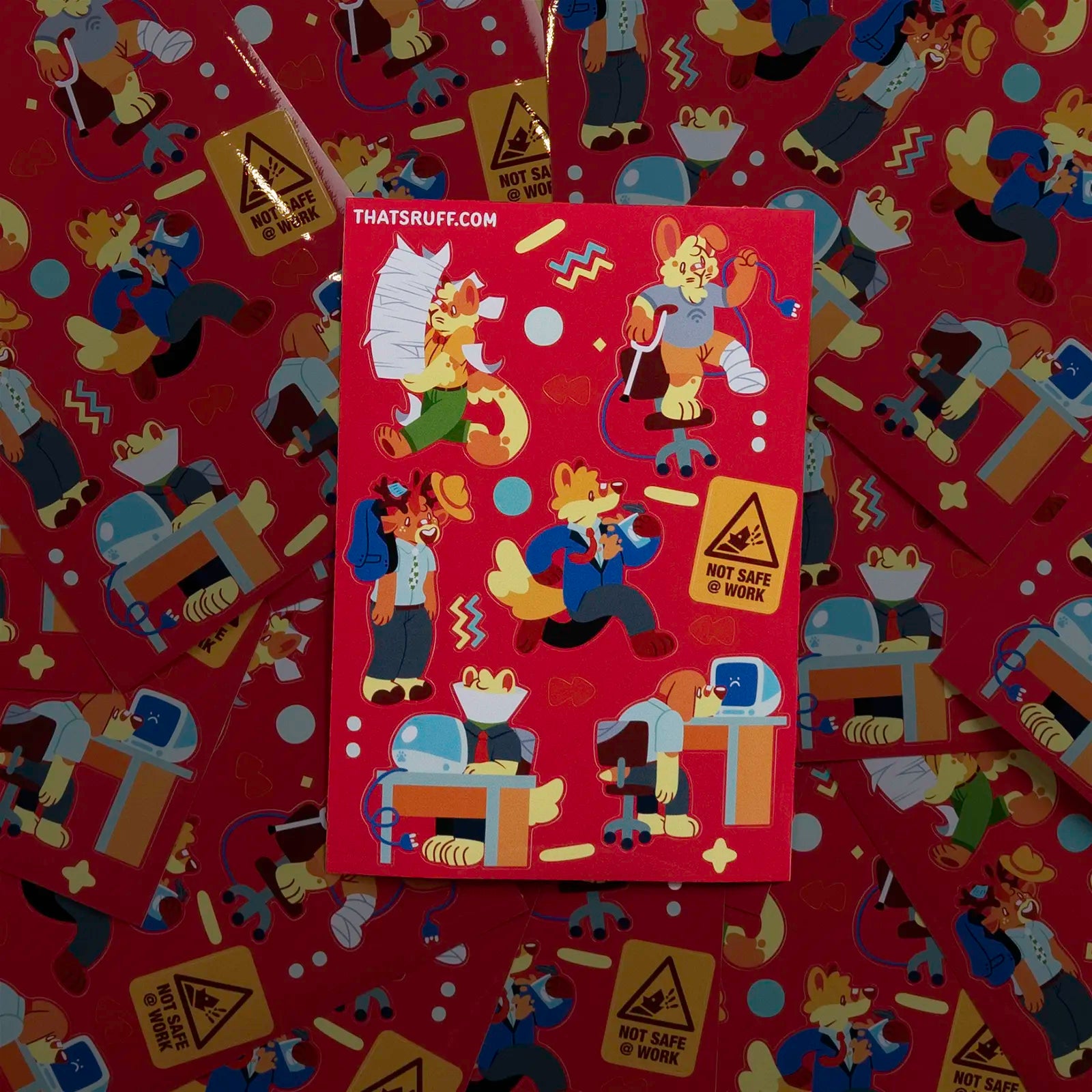 Close view of the “Not Safe at Work” sheet with character decals and office hazard sign; eco-friendly plant cellulose, durable & splashproof—kawaii furry stickers for journaling, scrapbooks, gifts.
