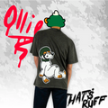 Back view of acid-wash grey oversized 260gsm cotton tee with large Ollie dog graphic—furry clothing/furry merch by THAT'S RUFF.