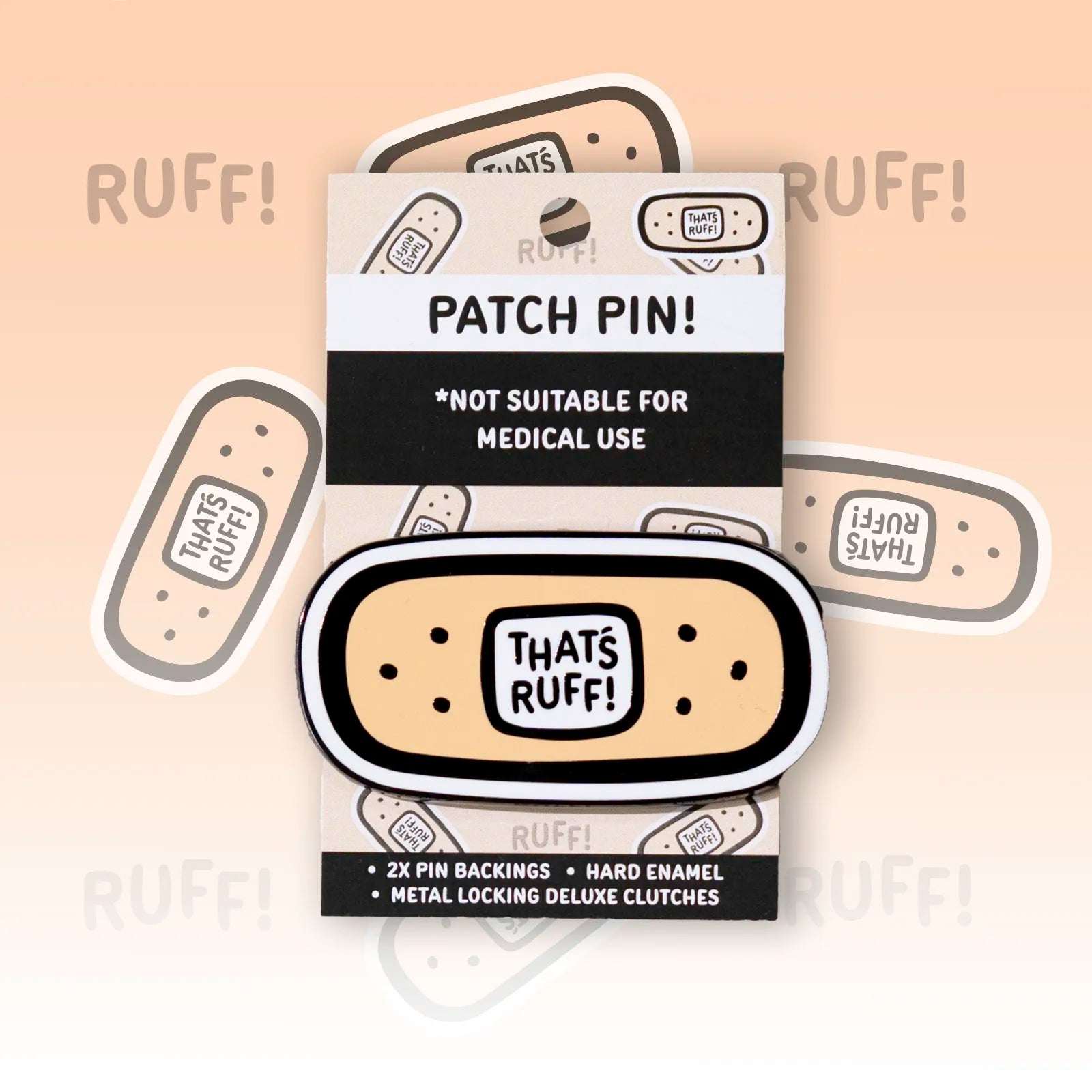 Front view of a bandage logo hard-enamel lapel pin from That's Ruff with glossy finish and deluxe locking pin backs—cute furry accessory for bags, jackets, or ita bags.