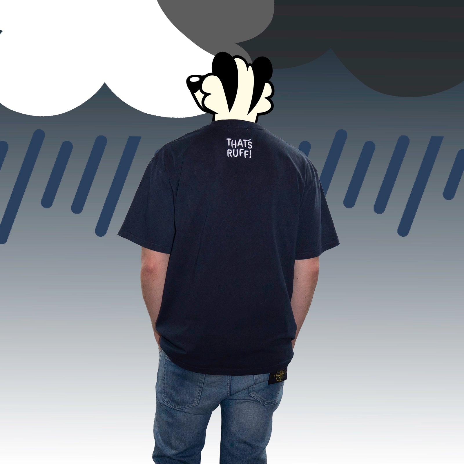 Back view showing THAT'S RUFF back-neck embroidery on a dark navy heavyweight pocket tee—furry clothing.