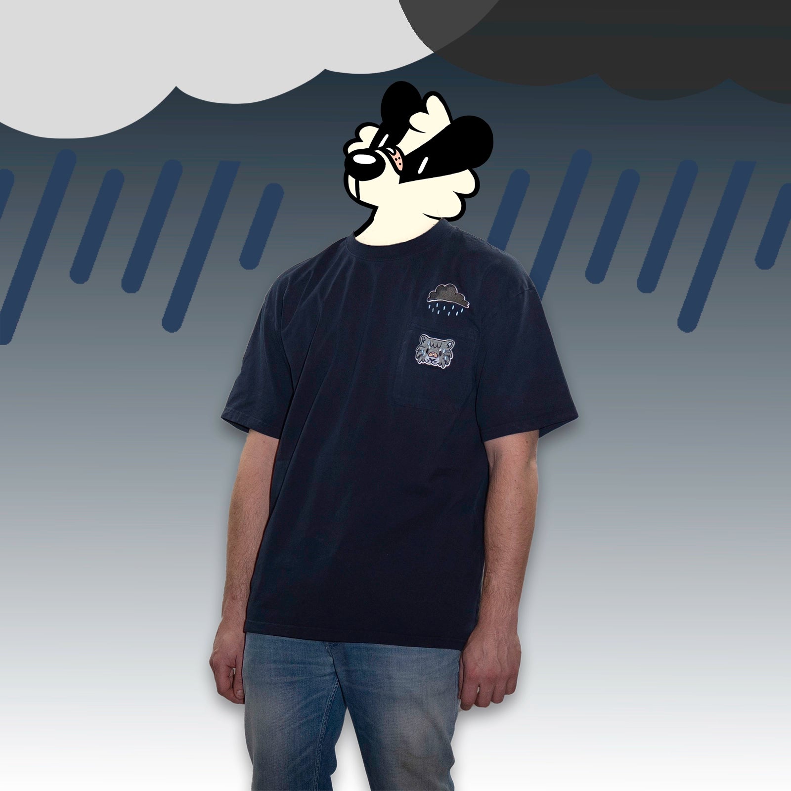 Model wearing dark navy true-to-size 300gsm pocket tee with embroidered tabby cat—furry merch and cute animal clothing.