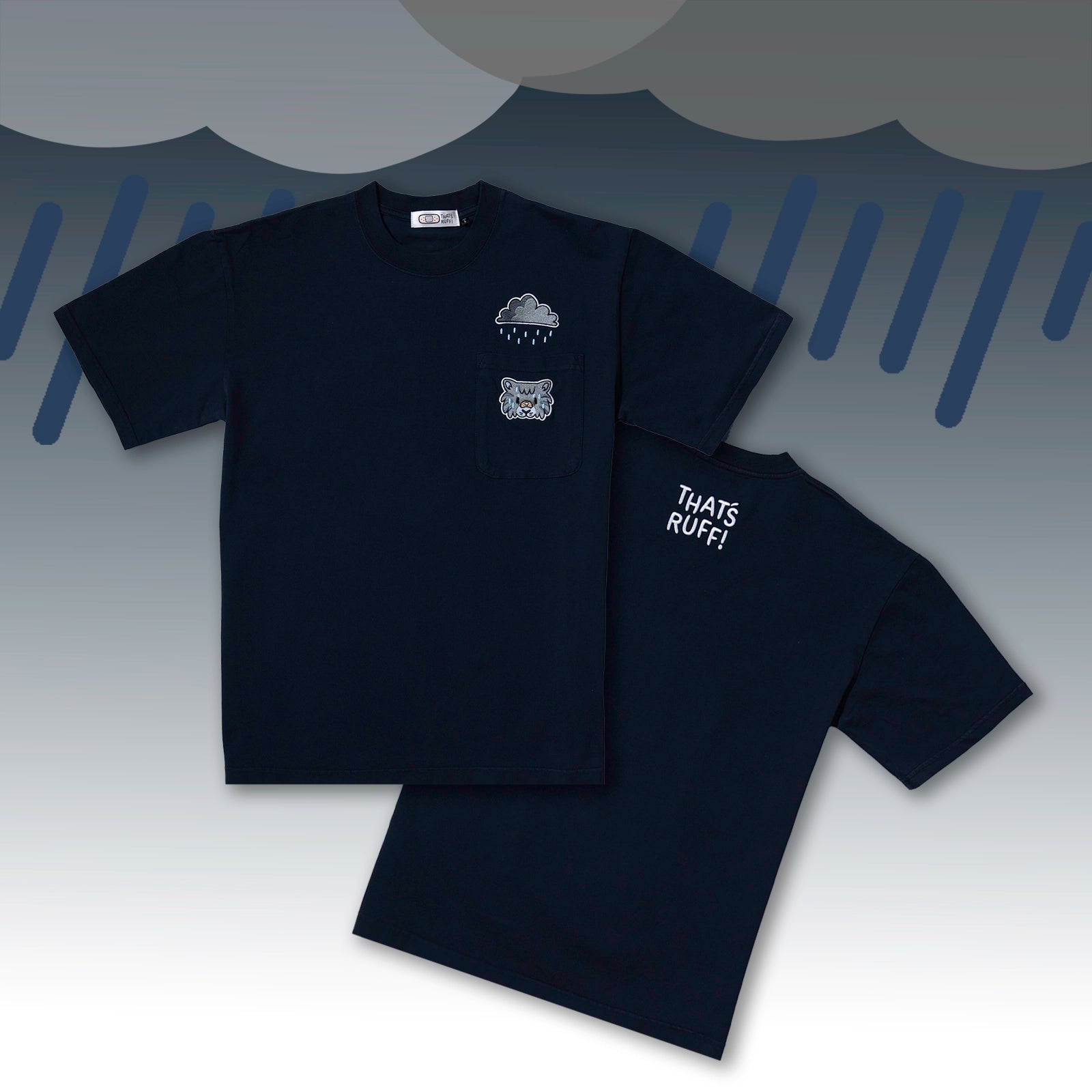 Flat lay of dark navy 300gsm pocket tee with embroidered tabby cat and back-neck logo—cute cat shirt for furry clothing fans.
