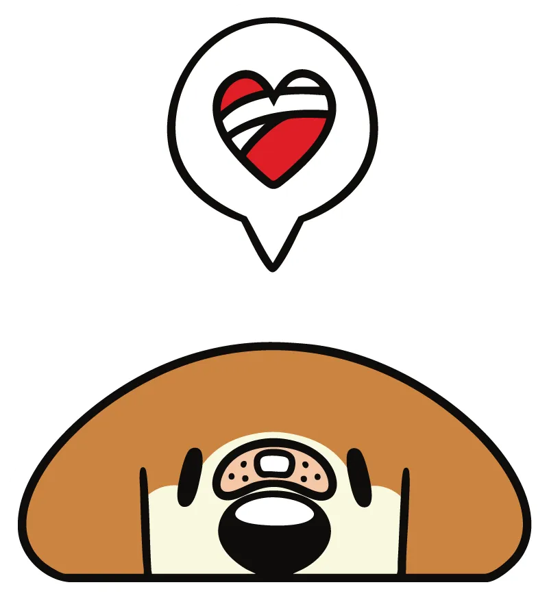 Cartoon dog peeking out with a bandaged heart inside a speech bubble above.
