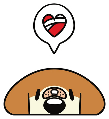 Cartoon dog peeking out with a bandaged heart inside a speech bubble above.