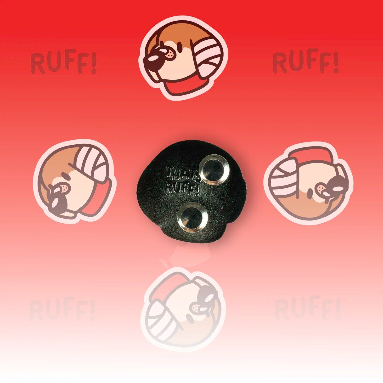 Back view of the beagle head pin showing THAT'S RUFF stamp and dual metal clutches—sturdy hard-enamel build for furry merch.