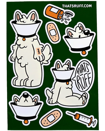 Sticker sheet featuring a playful Samoyed dog character named Lamp, wearing a Cone of Shame, paired with medical-themed elements like bandages, a syringe, and a pill bottle. Includes bold text that says 'That's Ruff' on a green background, designed for pet lovers and fans of unique, humorous canine illustrations. High-quality vinyl stickers ideal for decorating laptops, water bottles, or notebooks. Available at ThatsRuff.com.