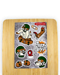 Sticker sheet featuring a skateboarding dog theme from the 'That's Ruff!' collection. Includes bold designs like a skate ramp, broken skateboard, and cartoon dog characters wearing helmets. Perfect for skaters, animal lovers, and streetwear fans looking to personalize their gear with unique and playful artwork.