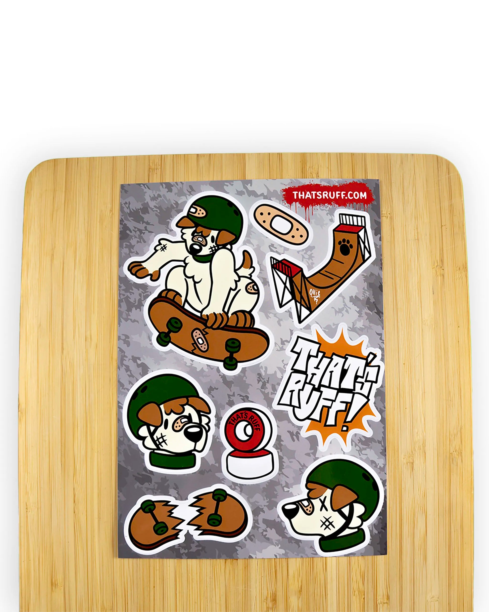 Sticker sheet featuring a skateboarding dog theme from the 'That's Ruff!' collection. Includes bold designs like a skate ramp, broken skateboard, and cartoon dog characters wearing helmets. Perfect for skaters, animal lovers, and streetwear fans looking to personalize their gear with unique and playful artwork.