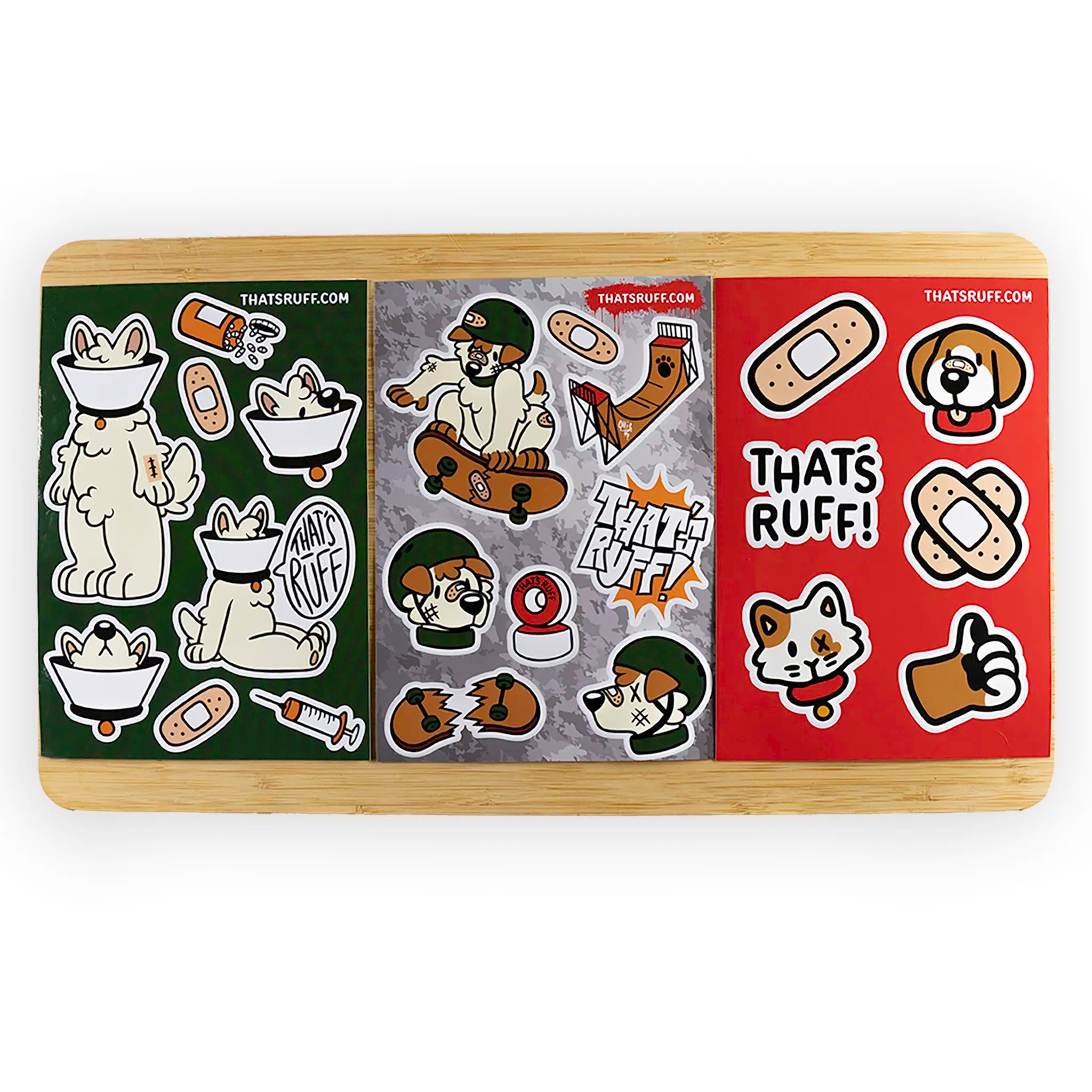 Vibrant sticker packs featuring unique cartoon designs from the 'That's Ruff!' collection, including playful animal characters, skateboarding themes, and fun bandage motifs. Perfect for decorating laptops, notebooks, or water bottles, these high-quality stickers bring bold and expressive style to everyday items.