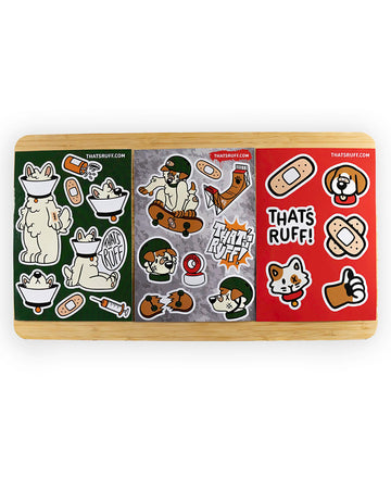 Vibrant sticker packs featuring unique cartoon designs from the 'That's Ruff!' collection, including playful animal characters, skateboarding themes, and fun bandage motifs. Perfect for decorating laptops, notebooks, or water bottles, these high-quality stickers bring bold and expressive style to everyday items.