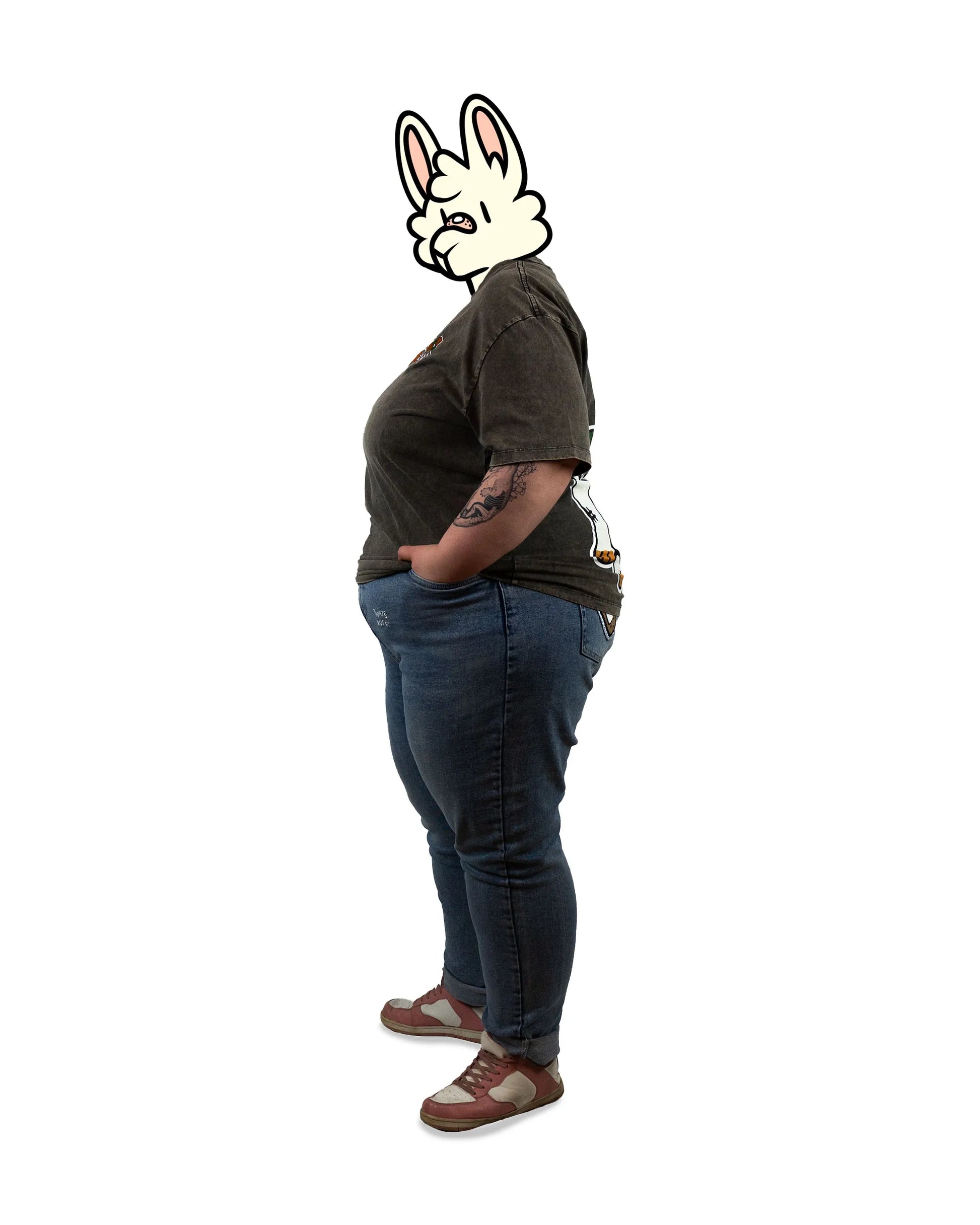 Side profile of a model showcasing the That's Ruff! gray t-shirt with the signature bold and playful dog design. Styled casually with jeans and sneakers, this look is comfortable and effortlessly cool.