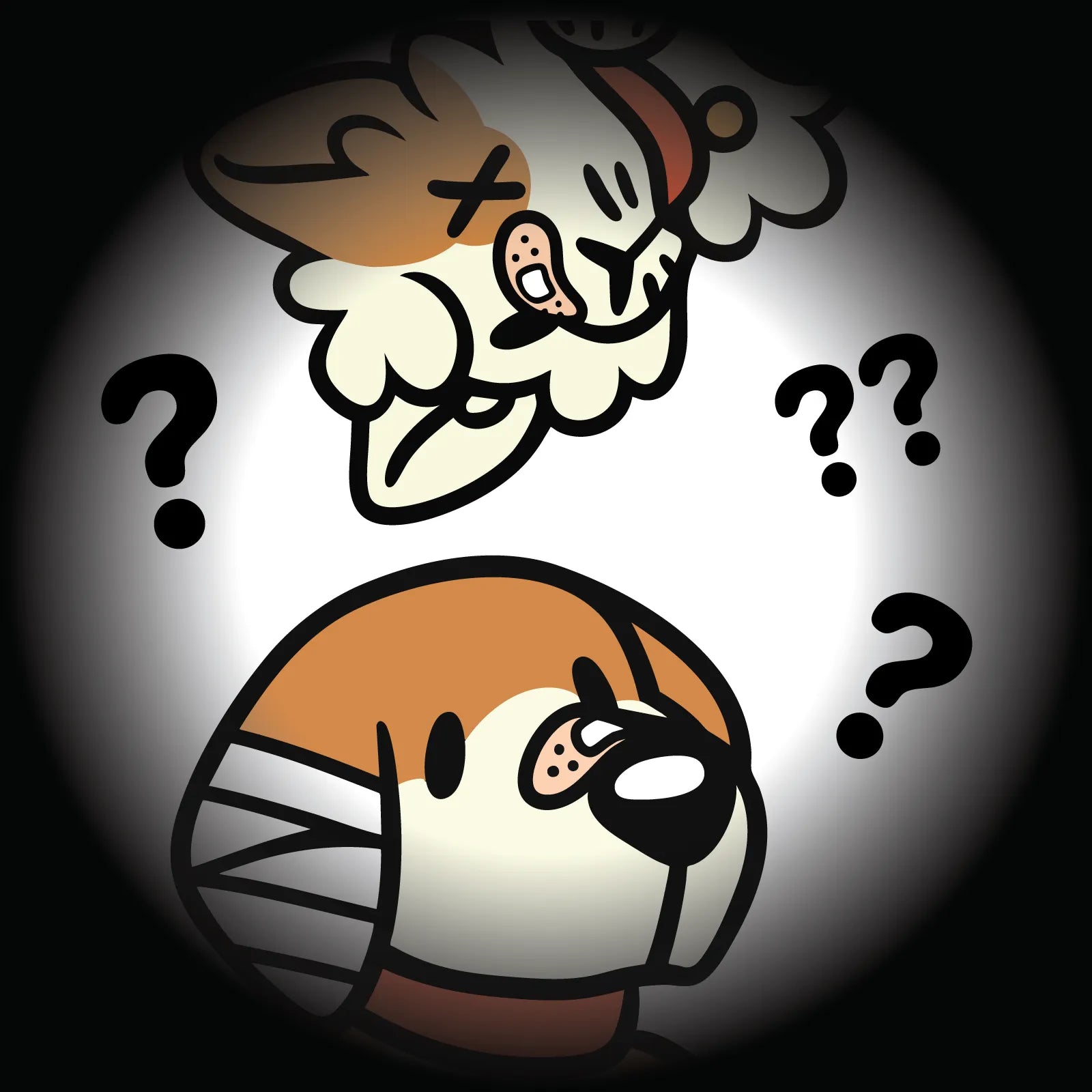 Homepage hero with a cartoon beagle and calico cat surrounded by question marks—intro graphic linking to the About Us for a furry clothing & merch brand.