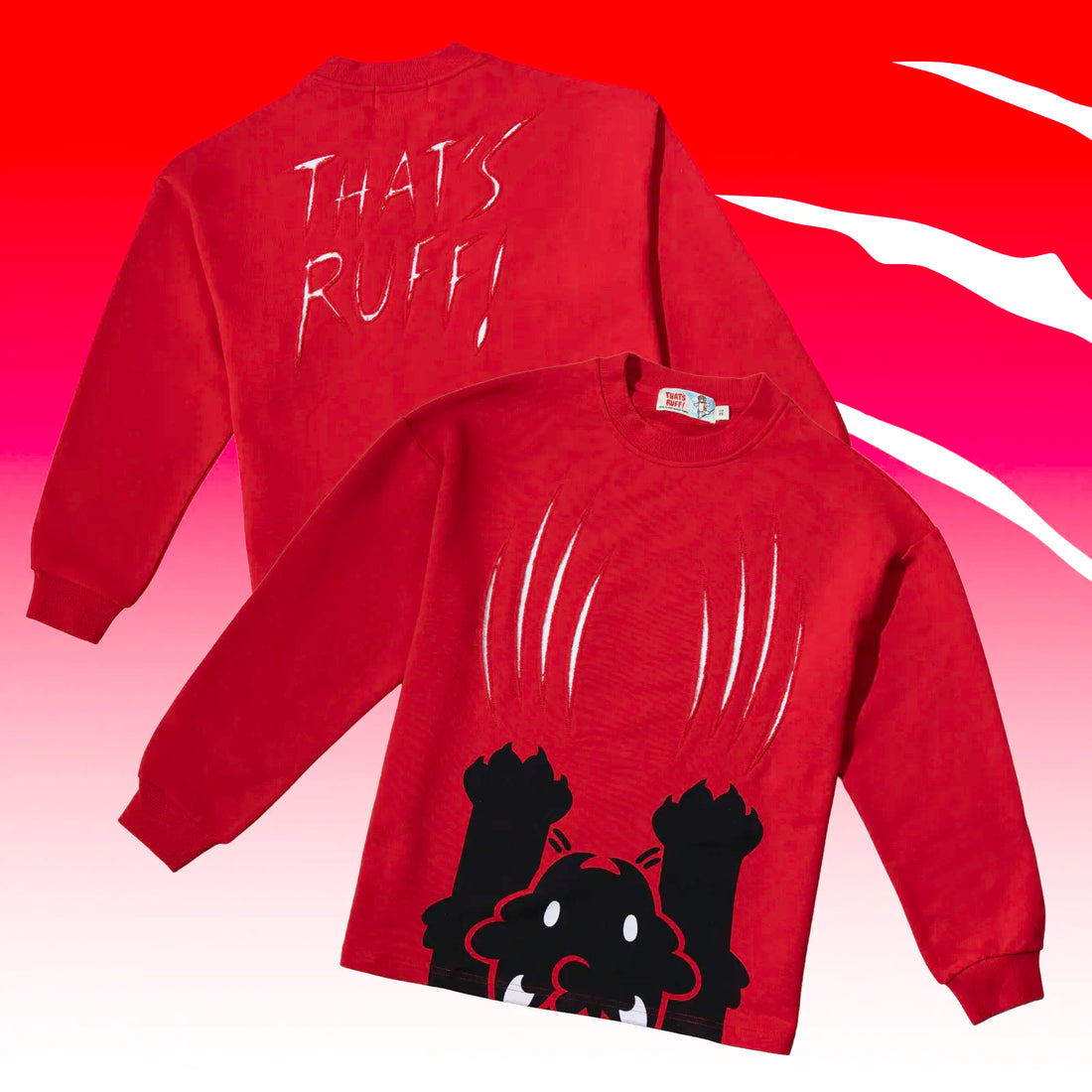 Brown sweatshirt with 'THAT'S RUFF!' text on the back and paw prints on the front, against a red and white background.