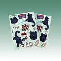 Vandal the mischievous black cat sticker sheet; waterproof, UV-resistant, biodegradable plant-cellulose stickers for laptops, cars and bottles.
