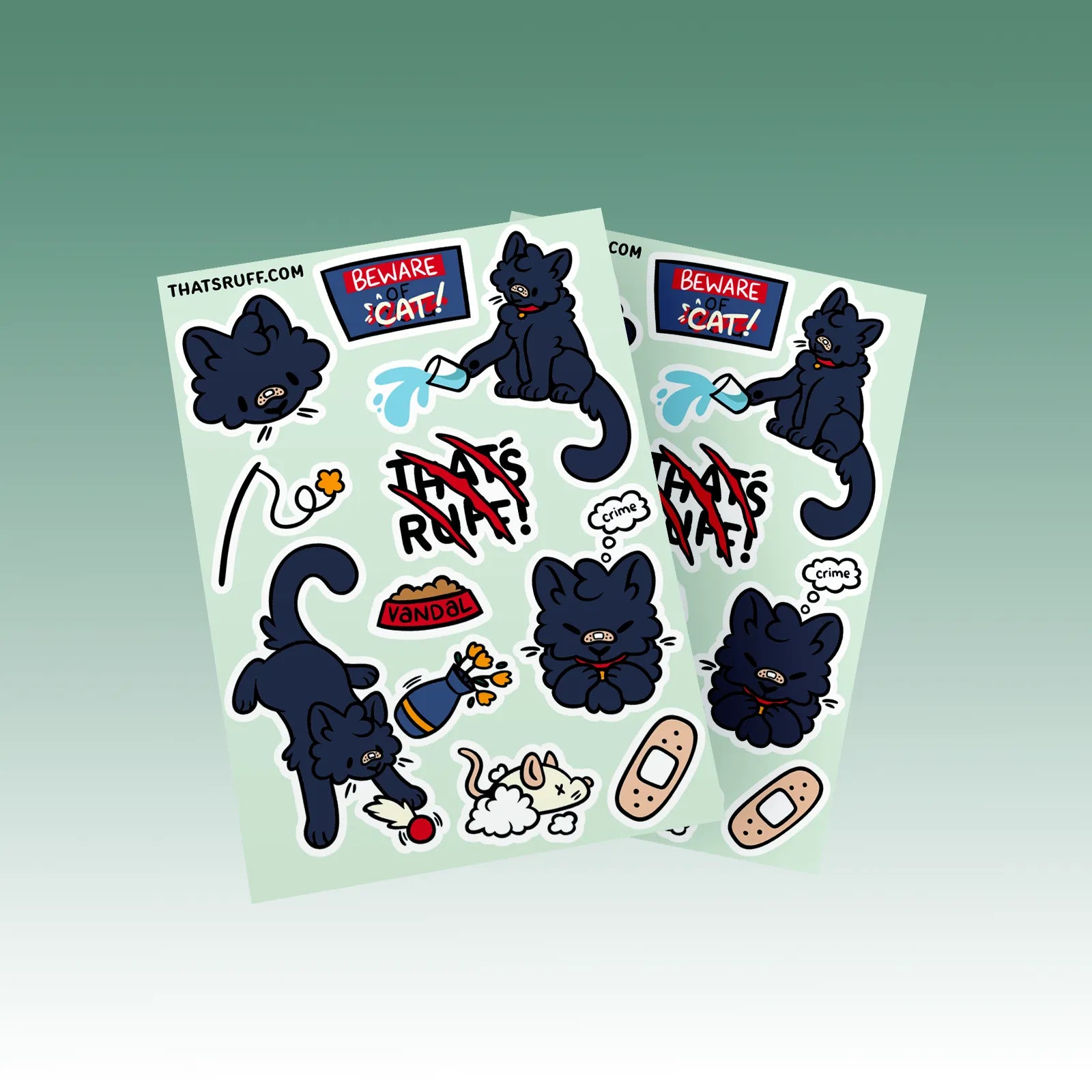 Vandal the mischievous black cat sticker sheet; waterproof, UV-resistant, biodegradable plant-cellulose stickers for laptops, cars and bottles.